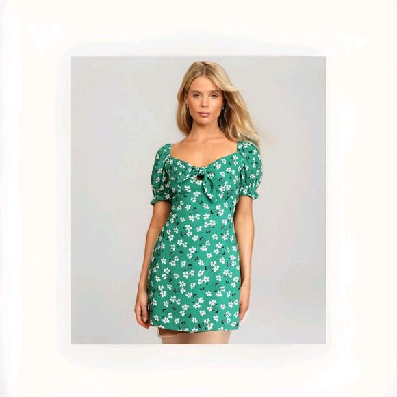 Lulus Women's Baby Doll Lace Up 90s Mini Dress Green Floral Blooming Bouquet S - Picture 1 of 9